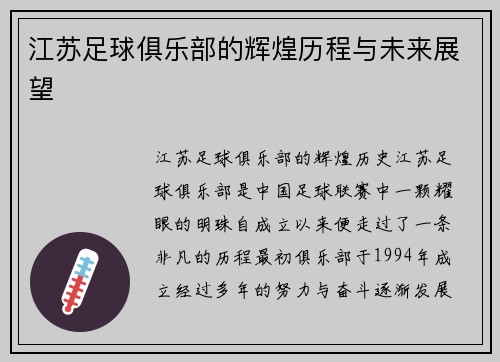 江苏足球俱乐部的辉煌历程与未来展望