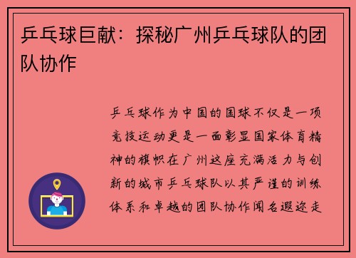 乒乓球巨献：探秘广州乒乓球队的团队协作