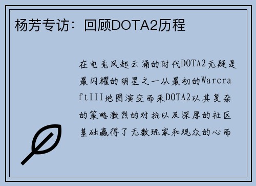杨芳专访：回顾DOTA2历程