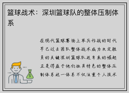 篮球战术：深圳篮球队的整体压制体系