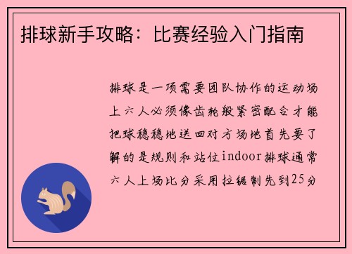 排球新手攻略：比赛经验入门指南