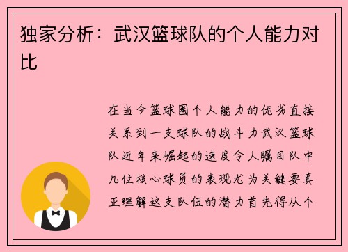 独家分析：武汉篮球队的个人能力对比